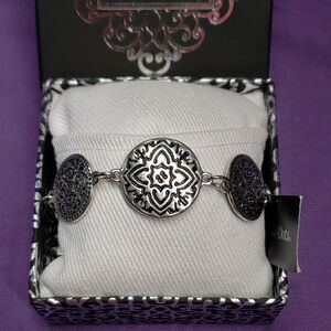 Scroll And Dots Silver Tone Discs Black Scrollwork Celtic Style Bracelet w/box